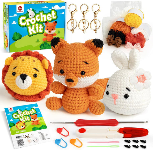Mocoosy 3PCS Animal Crochet Kit for Beginners, Learn to Crochet Starter Kit for Kids Adults, Crochet Set with Step-by-Step Video Tutorials, DIY Kn...