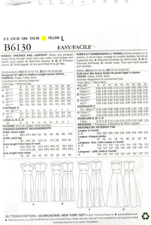 Butterick Patterns B6130 Misses' Dress and Jumpsuit Sewing Template, Size A5 (6-8-10-12-14)...