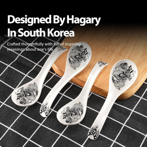 Dragon Ceramic Spoon Soup Spoons Asian Soup Spoon Chinese Korean Japanese Ramen Pho Miso Spoons Set of 4 with Hole 6.2 Inch...