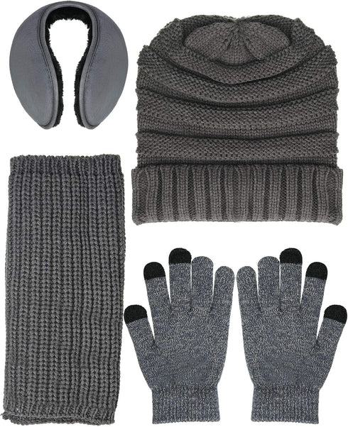 Winter Warm Knitted Scarf Beanie Hat Gloves and Earmuff Set for Men and Women's Soft Stretch Hat Scarf Mitten and Earmuff Set...