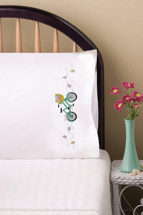 Tobin Stamped Pillowcases, Bicycle, 20" x 30" Embroidery Kit, white...