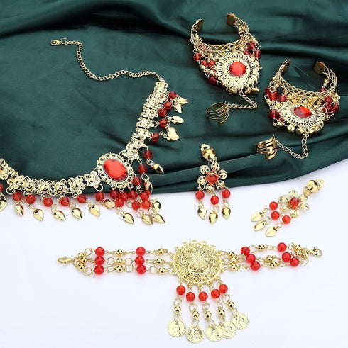 JOERICA Gold Plated Belly Dance Jewelry Set for Women Head Jewelry Triangle Bracelet Rings Statement Necklace Clip on Earrings Indian Bollywood St...