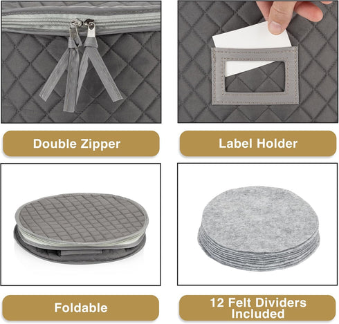 China Storage Case - Salad Plate Quilted Case - 10" W x 6" H - Gray - Includes 12 Felt Separators - Stackable With Padded Interior to Store your D...