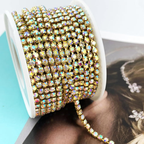 10 Yard Crystal AB Rhinestone Close Chain Clear Trim Sewing Craft (Gold, 3mm)...