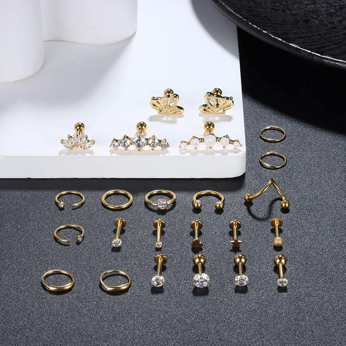 YADOCA 24PCS 16G Cartilage Earring for Women Men Surgical Steel Cartilage Stud Earring Hoop Set Lip Rings CZ Opal Hypollergenic Screw Back Earring...