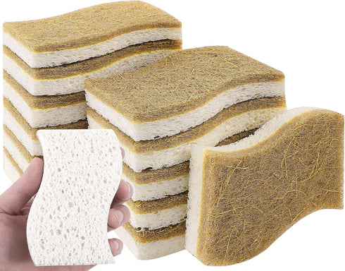 12 Pack Natural Sponges,Eco Friendly Kitchen Sponge,Natural Dish Sponges for Washing Dishes,Biodegradable Compostable Cellulose and Coconut Scrubb...