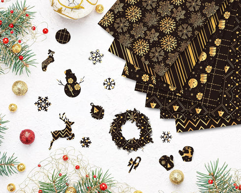 Whaline 60 Sheet Christmas Pattern Paper A5 Size 12 Designs Snowflake Reindeer Christmas Tree Glossy Pattern Paper Black Gold Decorative Craft Pap...
