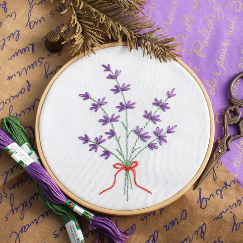 Embroidery Kit for Beginners 'Lavender' - Fun Starter Kit for Hand Embroidery with Stamped Pattern, Pre-Sorted Floss and Bamboo Hoop - for Adults ...