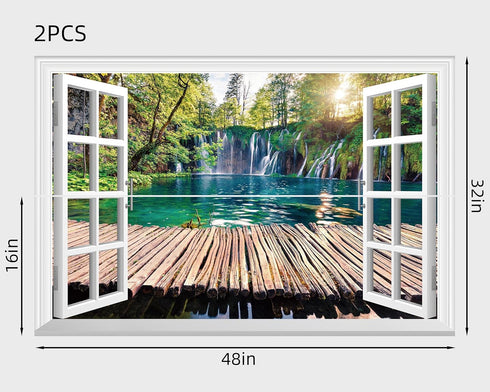 FLFK Fake Window Wall Mural - Waterfalls in The Jungle Faux Window Wall Sticker for Wall Decor, Stick and Peel Wall Decals,48"x32",Set of 2 Sheets...