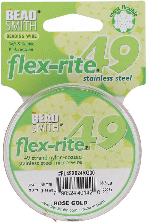 The Beadsmith Flex-Rite Wire – 49 Strand, Nylon Coated, Stainless Steel Beading Wire – Rose Gold Color, 024” Diameter, 30-Foot Spool – Flexible Wi...