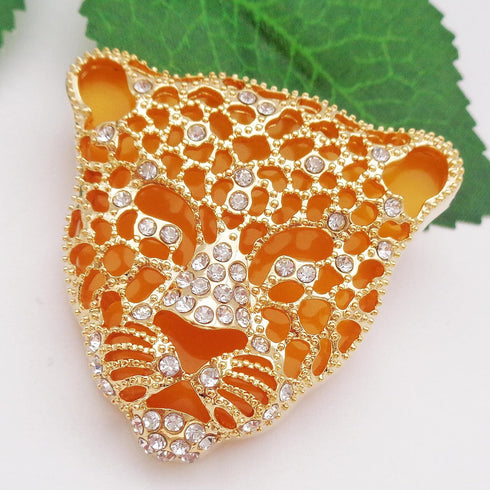 Navachi 18k Gold Plated Clear Crystal Black Enamel Leopard Head Brooch Pin...