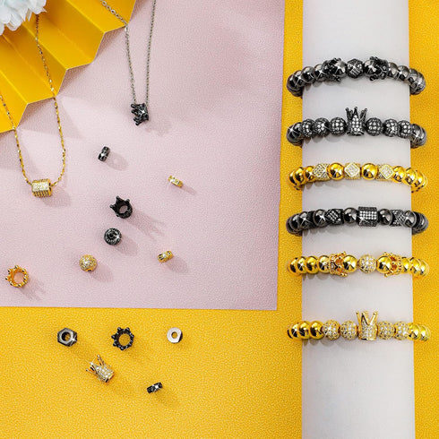40 Pieces King Crown Charms 8mm Round Rhinestone Beads Hexagon Big Hole Spacer Beads Bracelet Connector for DIY Xmas Jewelry Crafts Making (Black ...