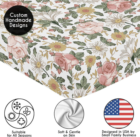 Sweet Jojo Designs Vintage Floral Boho Girl Fitted Crib Sheet Baby or Toddler Bed Nursery - Blush Pink, Yellow, Green and White Shabby Chic Rose F...