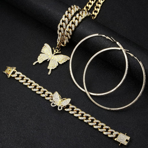 Sanfenly Cuban Link Chain Jewelry Set Bling Rhinestone Butterfly Pendant Necklace Bracelet and Crystal Large Hoop Earrings Set Silver Gold Accesso...