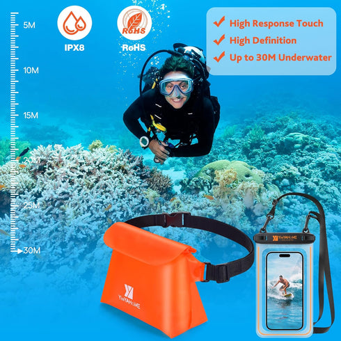 Noctilucent Water Proof Phone Pouch Waterproof Phone Case 7.3" and Waterproof Waist Pouch 7.5" Combo Phone Dry Bag Dry Pouch Small Dry Bag Beach S...