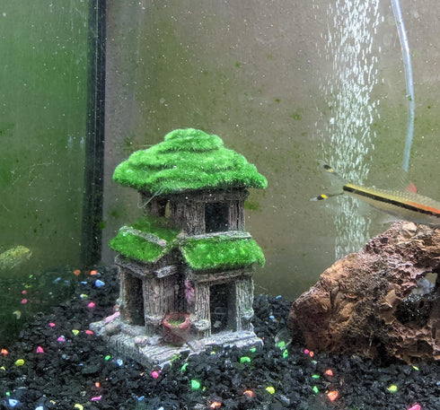Fish House for Aquarium Aquarium Decorations Fish Hideout Fish Tank House with Lifelike Moss, Come with 2 pcs 4 inch Artificial Aquarium Plants (h...