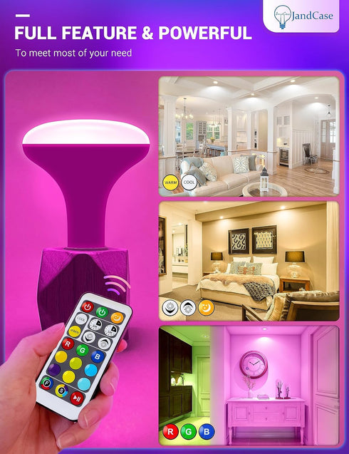 JandCase BR30 Color Changing Light Bulb, RGB+Warm+Cool White LED Flood Lights, 12W(100W Equivalent), 1050lm, Remote Control, Dimmable Multi-color ...