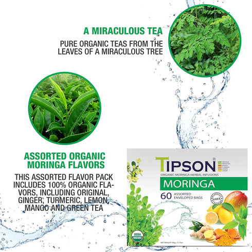Tipson Organic Moringa Variety Sampler - 6 Flavors (60 Tea Bags),- Herbal Tea Infusions - USDA Organic, Non-GMO, and Gluten Free...