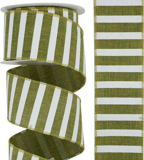 Sage Green Wired Ribbon 2.5" Horizontal White Stripe Wired Edge Burlap Ribbon Farmhouse Wire Ribbon for Wreaths Crafts Supplies Gift Wrapping Bows...