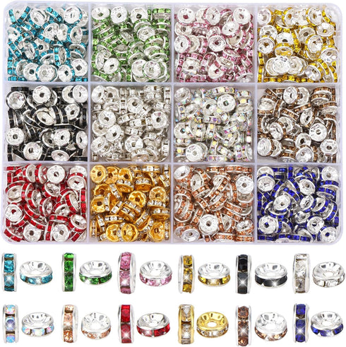 QUEFE 720Pcs Rhinestone Spacer Beads for Jewelry Making, Rondelle Crystal 8mm Bead for Necklaces, Bracelet Pendants (12 Colors)...