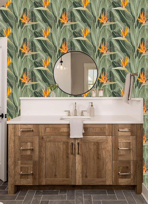 HAOKHOME 93375 Peel and Stick Wallpaper Tropical Florals Removable Stick on Contact Paper for Bedroom Green/Orange 17.7in x 9.8ft...