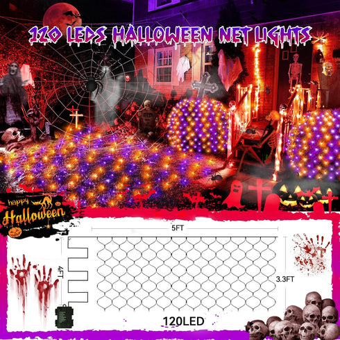 Hezbjiti Halloween Net Lights 120LED Net Lights with Battery Operated 5FT x3.3FT Mesh Light IP44 Waterproof Halloween Lights for Garden Patio Bush...