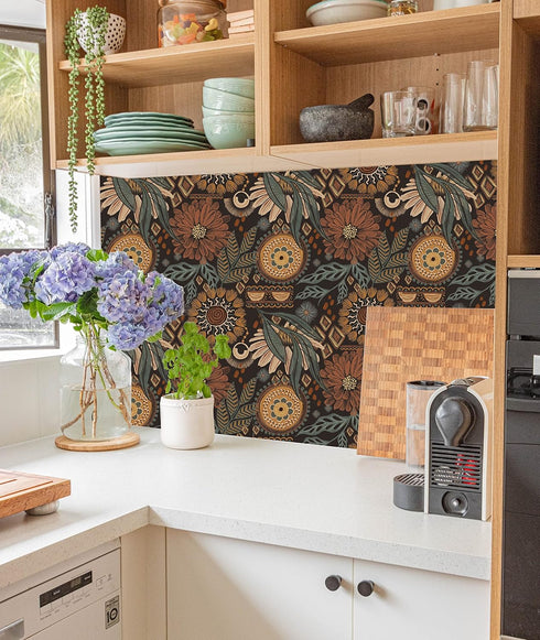 HAOKHOME 93291 Wallpaper Peel and Stick Floral Boho Brown/PeachPuff/Green Retro Wall Decor Bathroom Removable Mural 17.7in x 6.6ft...