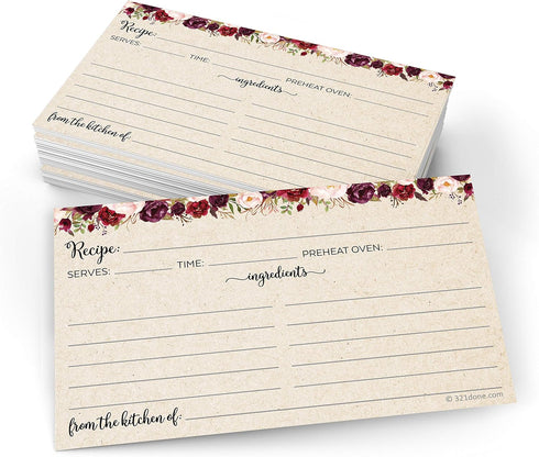 321Done Recipe Cards (Set of 50) Small Floral 3x5 - Double-Sided for Weddings, Bridal Shower - Made in USA - Watercolor Red Roses, Rustic Tan From...