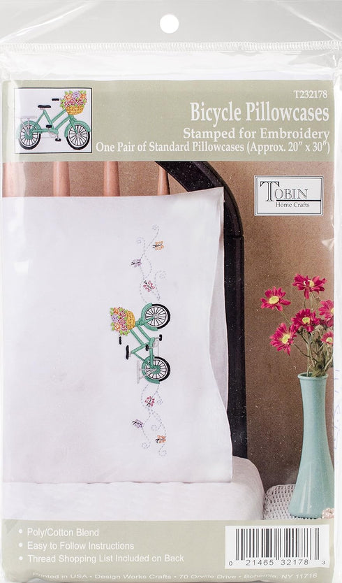 Tobin Stamped Pillowcases, Bicycle, 20" x 30" Embroidery Kit, white...