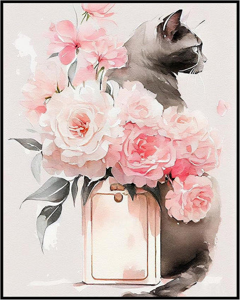 Posterizer 1 pcs-flowers and a cat-chic decor-Art for Animal Lovers-Gift for Women, Fashionistas, Designer Fashion Fans-Living Room Bedroom Decor-...
