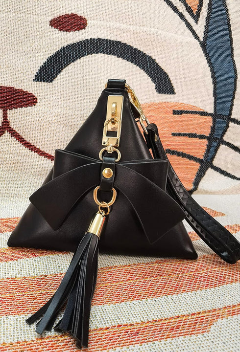 Women Triangle Leather Bow Tassel Charm Evening Wristlet Clutch Purse...