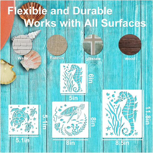 Ocean Stencils for Painting On Wood Turtle Seahorse Starfish Jellyfish Templates for Art Crafts Plastic Reusable Wood Burning Stencils for Wall Ca...