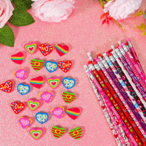 YVAINE 48 Pieces Valentine Pencils for Kids,Valentine's Day Pencils Assortment with Eraser 24 Wooden Pencils 24 Valentines Heart Eraser for Home S...