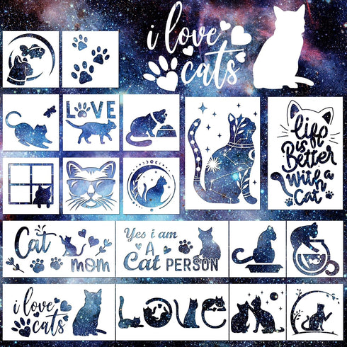 Cat Stencils for Painting, 18 Pack Reusable Plastic Drawing Template for DIY Cat Painting Craft, Cute Cat Stencils for Painting on Wood Wall Canva...