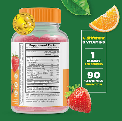 Lifeable Vitamin B Complex with Vitamin C for Kids - Great Tasting Natural Flavor Gummy Supplement - with Niacin, B6, Folic Acid, B12, Biotin & Pa...