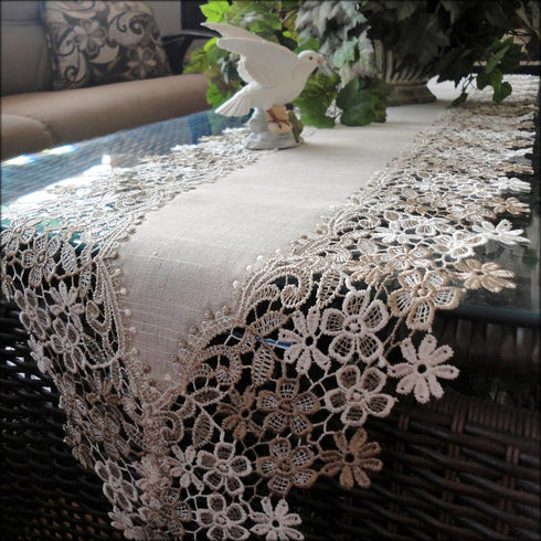 Sophisticated Floral Lace Dresser Scarf 65" Neutral Earth Tones or Mantel Scarf Table Runner...