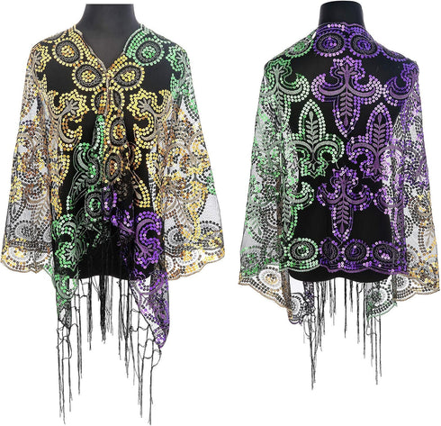 QLINLEAF Mardi Gras Shawl Scarf Sequin Mardi Gras Outfit for Women with Headband and Earrings Canival Party Favor...