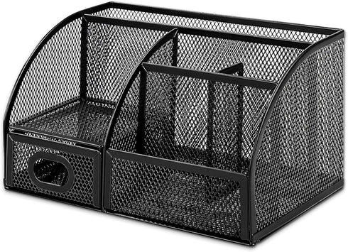 Black Mesh Pen Holder and Organizer Office Supplies with 7 Compartments, Desktop Organizer with Drawer, Metal Pen Holder for Desk, ?9.1" x 5.9" x ...