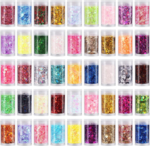 Chunky Fine Mixed Glitter,Set of 45 Colors,Holographic Glitter for Epoxy Resin DIY Craft,Nail Art,Face Eye Hair Make up,Iridescent Sequin Flake Ch...