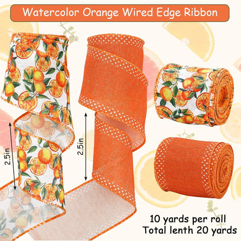 Orange Wired Edge Ribbon 20 Yards Tangerine Fabric Ribbon Little Cutie Craft Ribbon for Baby Shower Birthday Wreath Bow DIY Crafts, 2 Roll...