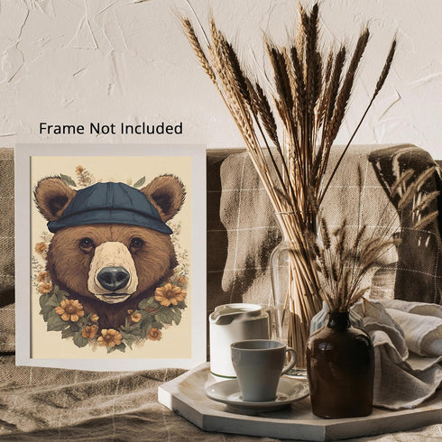 Posterizer 1 pcs- Brown bear with a hat and flowers-Art for Animal Lovers-Floral Botanical Art- Gift for Men Women Entrepreneur Teens-Decor for Ho...