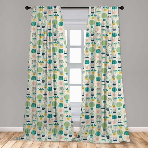 Lunarable Botanical Curtains, Vintage Design Doodle Pattern of Home Plants and Flowers in Pots, Window Treatments 2 Panel Set for Living Room Bedr...