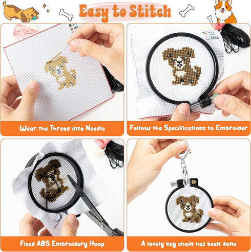 WATINC 10Pcs Embroidery Kit for Kids Stamped Cross Stitch, DIY Key Chain with Puppy Patterns Needlepoint Starter Kits, Craft Supplies for Beginner...