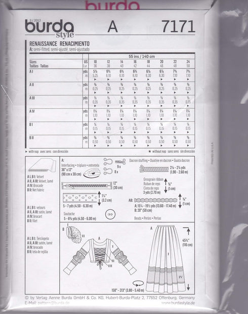 7171 Burda Style Womens Renaissance Costume Sewing Pattern Sizes 10-24...