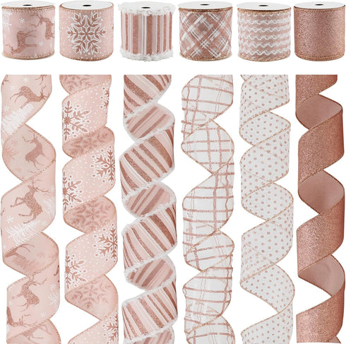 Rose Gold Christmas Ribbon Wired 2.5" Pink Christmas Tree Ribbon Garland Rose Gold Glitter Wired Ribbon for Crafts, Wreaths, Topper Bows, Gift Wra...
