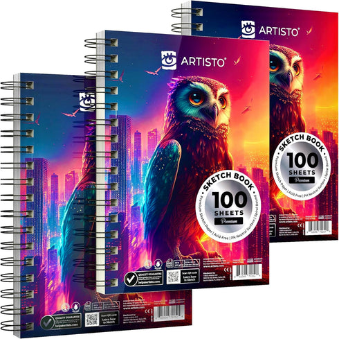 Artisto 5.5X8.5” Premium Sketch Book Set, Pack of 3 (300 Sheets), 68lb (100gsm), Spiral Bound, Acid-Free Drawing Paper, Perfect for Most Dry Media...