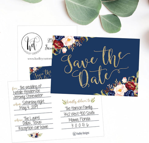 Hadley Designs 25 Navy Floral Save The Date Cards For Wedding, Engagement, Anniversary, Baby Shower, Birthday Party, Flower Save The Dates Postcar...