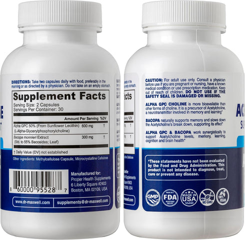 Acetylcholine, Alpha GPC Choline 600mg + Bacopa, Better Than Each Alone. More Reliable Acetylcholine (Supports Memory & Learning) Supplement, 60 C...