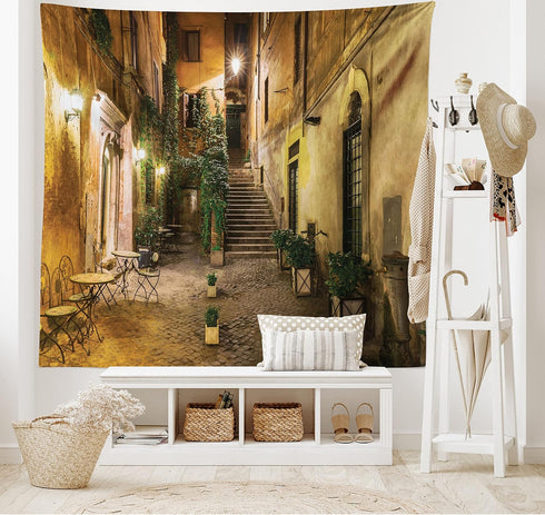 Ambesonne Cityscape Tapestry, Courtyard Night View with Street Cafe Chairs Plants in Flowerpots Rome Print, Wide Wall Hanging for Bedroom Living R...