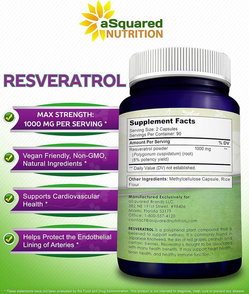 100% Natural Resveratrol - 1000mg Per Serving Max Strength (180 Capsules) Antioxidant Supplement, Trans-Resveratrol Pills for Heart Health & Pure,...